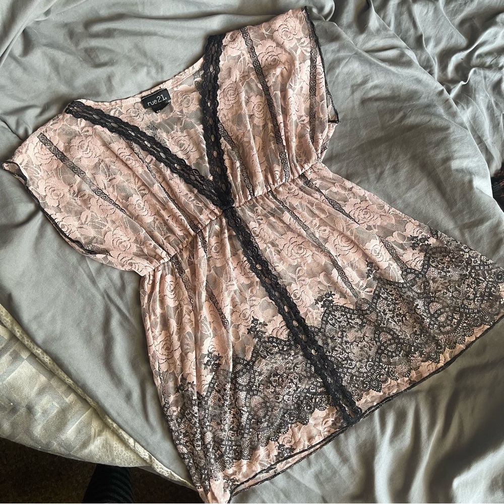 Pink and Black Lace Babydoll Blouse